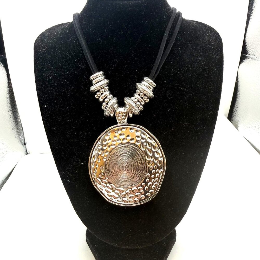 Chunky Silver Tone Pendant Necklace Large Disc Statement Necklace Black Cord Mod